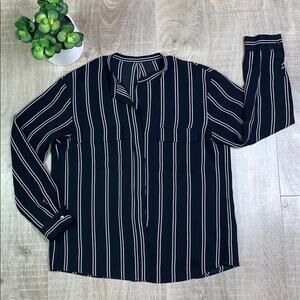 BALLSEY Women's Navy Striped Long Sleeve Collarless Blouse